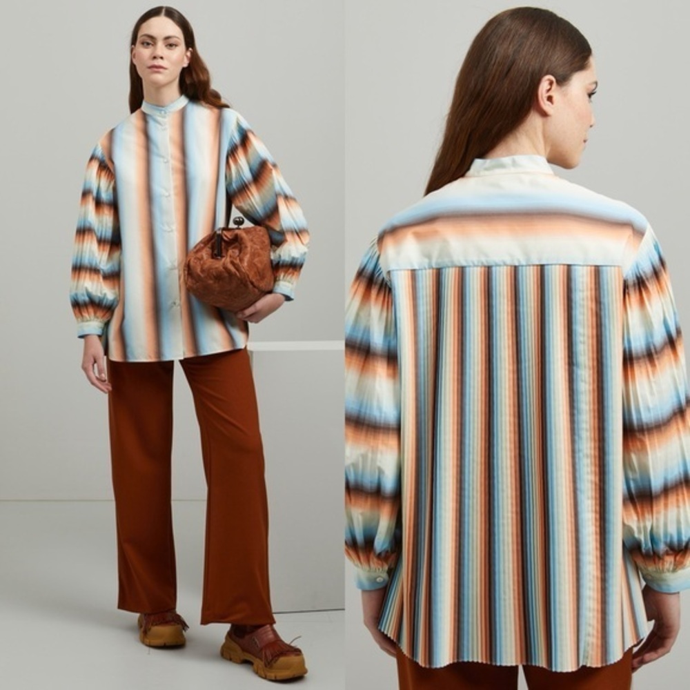 Weekend Max Mara X Habito Striped Pleated Balloon Sleeve Button Down Tunic Sz 8